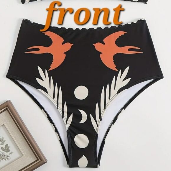 New One-Shoulder Boho Black and Orange High Waist Full Coverage Swim Set - Picture 5 of 14